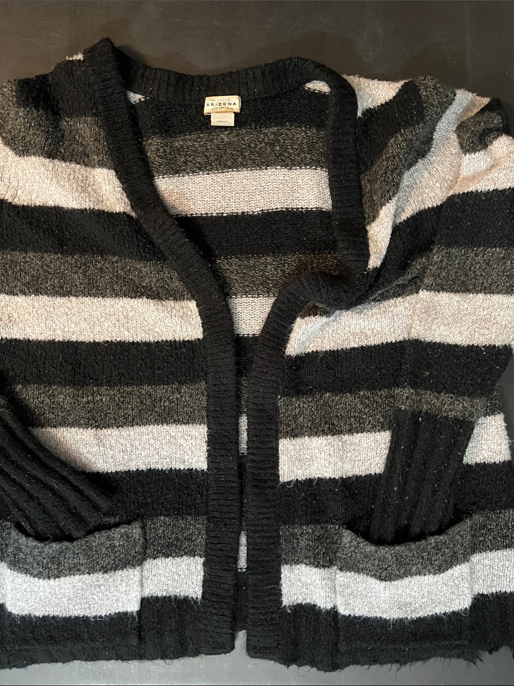 Arizona Jean Company Black, Gray & White Striped Open-Front Cardigan